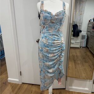 SHEIN Blue and Beige Floral Ruched Midi Dress